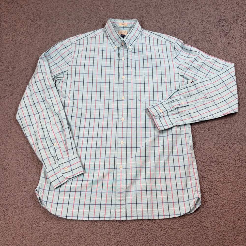 J.Crew Mens Slim Fit Cotton Button Down Shirt Blue Pink Tattersall Check Medium